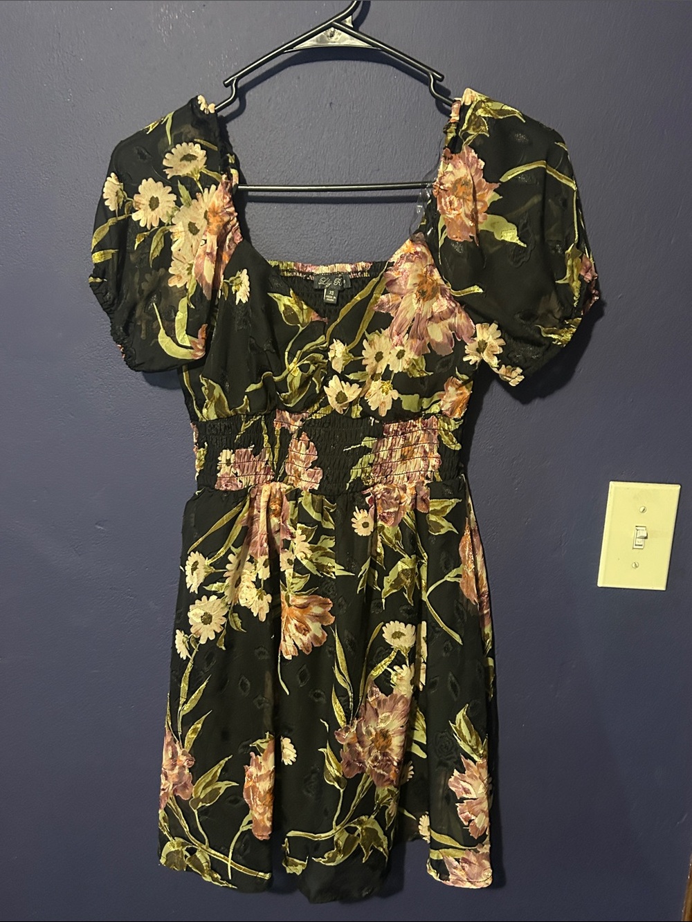 Floral Smocked Waist Black Dress With Puff Sleeves